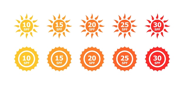Ochrona przed słońcem SPF Ochrona przeciwsłoneczna Stempel zestaw płaski styl ikony wektorowe