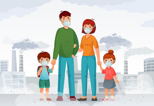 Ochrona Rodziny Przed Zanieczyszczonym Powietrzem. Ludzie W Ochronnych Maseczkach N95, Dymie Przemysłowym I Bezpiecznej Ilustracji Maski