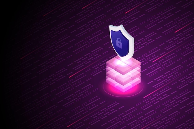Ochrona serwerów online Bezpieczeństwo danych na izometrycznej ilustracji wektorowych technologii Blockchain