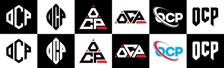 Wektor ocp logo litery w sześciu stylach ocp wielobok okrąg trójkąt sześciokąt płaski i prosty styl z czarno-białym kolorem logo litery ustawione w jednym artboard ocp minimalistyczne i klasyczne logo