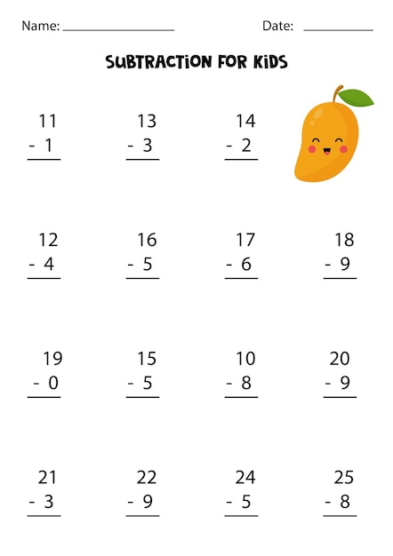 Odejmowanie Z Uroczym Kawaii Mango. Edukacyjna Gra Matematyczna Dla Dzieci.