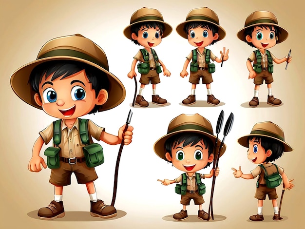 Plik wektorowy odizolowany chłopiec w stroju safari wykonujący różne działania wektor