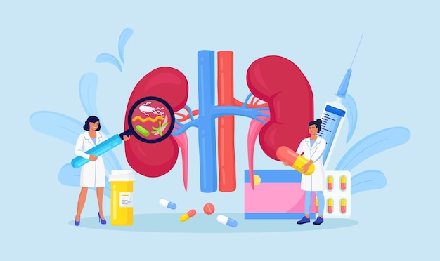 Odmiedniczkowe zapalenie nerek. Tiny Doctors Nefrolog Diagnozowanie i badanie pacjenta z chorobą nerek, badanie moczu, diagnostyka. Lekarze sprawdzają stan nerek. Nefrologia leczenie narządów wewnętrznych