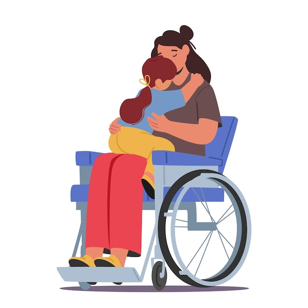 Plik wektorowy odporna niepełnosprawna matka na wózku inwalidzkim, obejmując swoje małe dziecko, dzieli się podnoszącymi na duchu chwilami pokonuj wyzwania z miłością siła i nierozerwalne więzi ilustracja wektora kreskówek ludzi