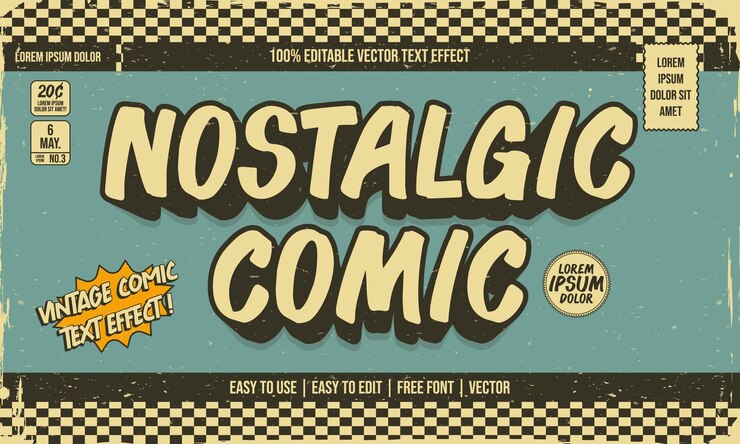 Wektor odrapany, zużyty, edytowalny efekt tekstowy w stylu retro w stylu komiksowym superbohatera z teksturą grunge
