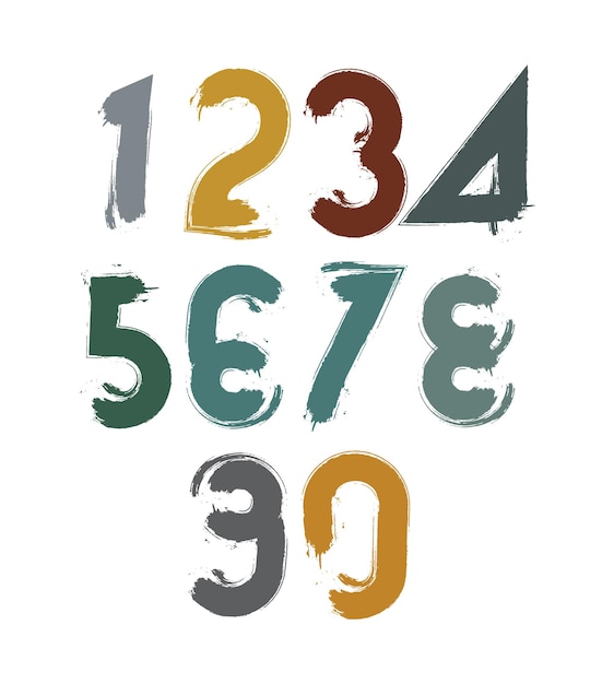 Plik wektorowy odręczne kolorowe numery wektorowe, stylowy zestaw liczb narysowany pędzlem atramentowym.