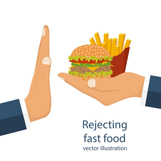 Odrzucenie oferowanego śmieciowego jedzenia Gest ręki NIE odrzucanie fast foodów