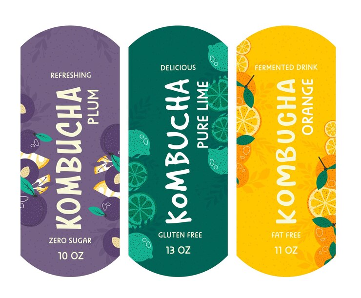 Wektor odświeżające i pyszne kombucha izolowane etykiety, emblematy lub projekty opakowań letnich napojów plasterki o zerowym smaku limonki i pomarańczy oraz kawałki owoców ekologicznych o zerowym smaku wektor w płaskim stylu