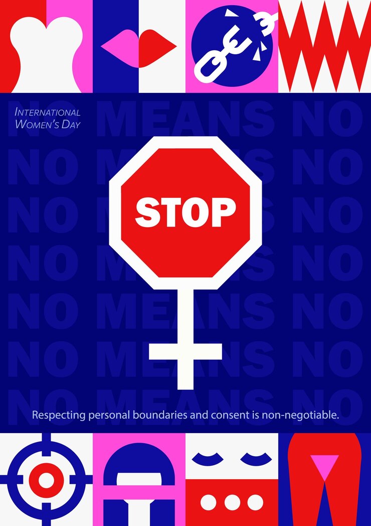 Wektor odważny feministyczny plakat z znakiem stop łączącym się z kobiecym symbolem płciowym artystyka zgody i granic
