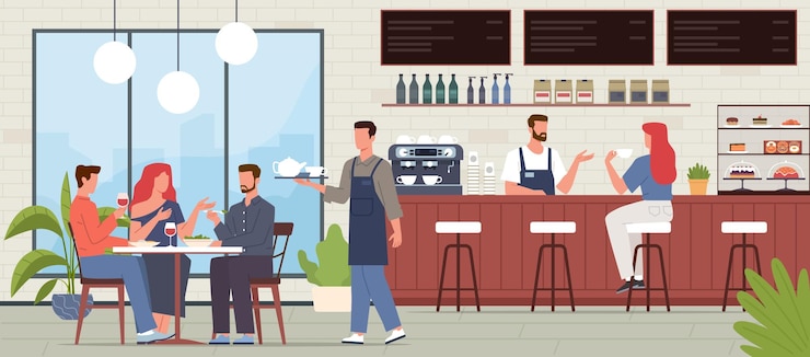 Wektor odwiedzający kawiarnię ludzie w kawiarni wewnątrz przyjaciół siedzący przy stole w barze restauracyjnym kelner i klienci mężczyźni i kobiety jedzą i piją wektor kreskówka płaska koncepcja