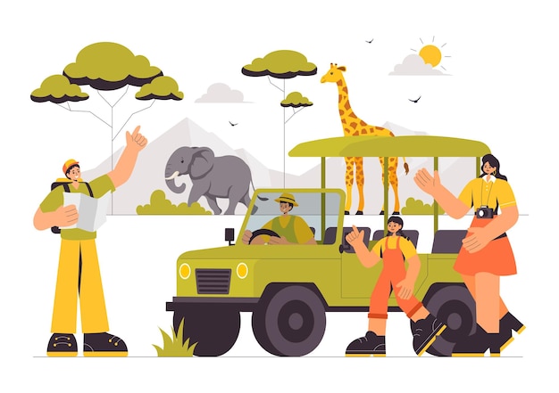 Odwiedzający odkrywają ilustrację safari przyrody przedstawiającą ludzi cieszących się wizytą w zoo z żyrafami, słoniami i innymi zwierzętami w tle