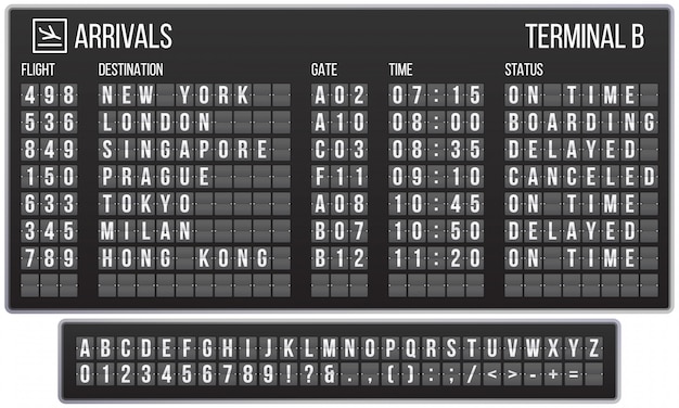 Odwróć Czcionkę Tablicy Wyników. Tablica Przylotów Lotniska, Tablice Wyników Przylotów I Odlotów Listów Realistyczny Zestaw