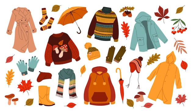 Plik wektorowy odzież jesienna nocne ubrania na zewnątrz ubrania sezon deszczowy akcesoria buty płaszcze przeciwdeszczowe i rękawiczki ciepłe swetery i kapelusze parasol i pomarańczowe liście porządny zestaw wektorowy kreskówki płaskie