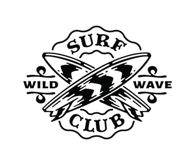 Odznaka Logo Deski Surfingowej W Doodle Vintage Ilustracji