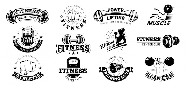 Odznaki fitness retro. Godło siłowni, etykieta sportowa i czarny szablon odznaka kulturystyki wektor zestaw