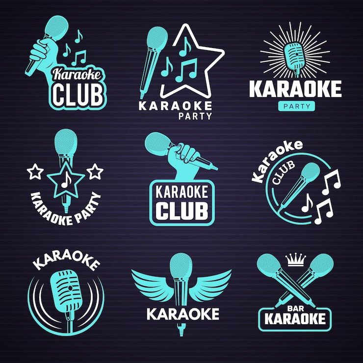Wektor odznaki karaoke. godło dla studia muzycznego mikrofon radio winylowe symbole ostatnie logo wektorowe. plakietka mikrofonu karaoke, ilustracja logo rozrywki