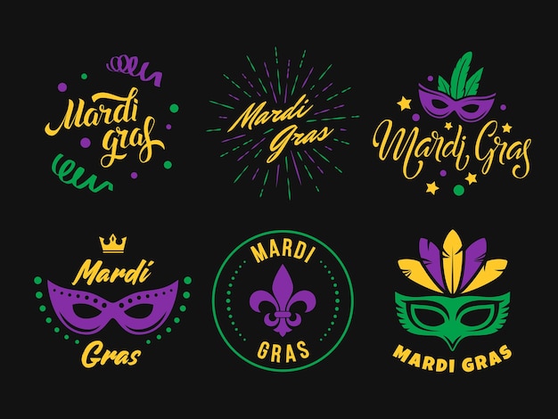 Plik wektorowy odznaki mardi gras logo fat tuesday zestaw emblematów wektorowych z ręcznie napisanymi literami