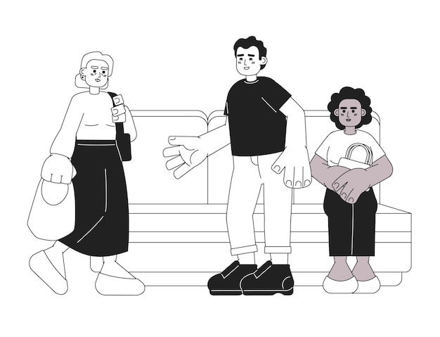 Oferowanie miejsca starszym osobom w transporcie publicznym czarno-biała ilustracja płaska z kreskówki Człowiek rezygnujący z miejsca dla starszych liniowe postacie 2D izolowane Priorytetowe siedzenie monochromatyczny obraz wektorowy sceny
