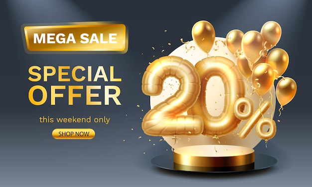 Oferta specjalna Sprzedaż 20 balonów mega sprzedaż złote podium czarne tło Wektor