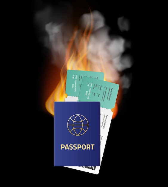 Oferty Last Minute Gorąca Sprzedaż Biletów I Bonów Turystycznych Płonący Paszport I Podróżne Karty Lotnicze Dokumenty Tożsamości Z Płomieniami I Dymem Dokumenty Dotyczące Lotu Samolotem Koncepcja Wektorowa