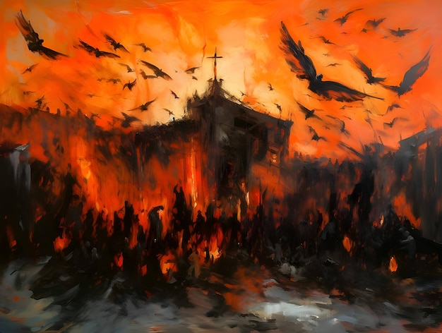Ogień i płonące miasto z uciekającymi ptakami