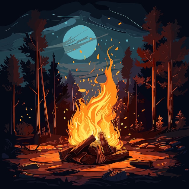 Ogień Z Latającymi Iskrami Na Nocnym Tle Lasu Ilustracja Burning Wood Vector