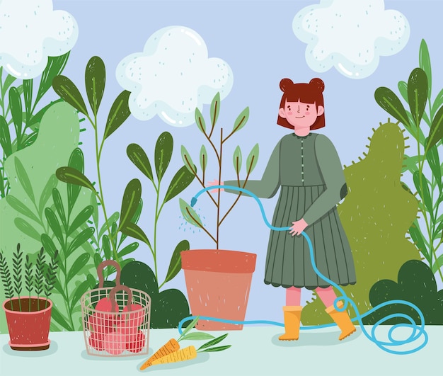 ogrodnictwo, dziewczyna rozpylanie wody do rośliny z wężem, ilustracja zbioru pomidorów carrtos