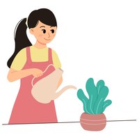 Ogrodnictwo kobieta podlewania roślin domowych ilustracja koncepcja