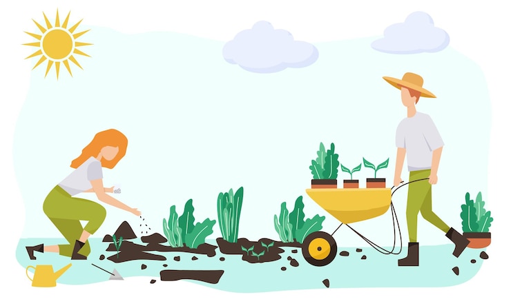 Wektor ogrodnictwo ludzie wiosna płaski wektor koncepcja ilustracja kobiety robią hobby prace ogrodowewiosna koncepcja ogrodnictwa