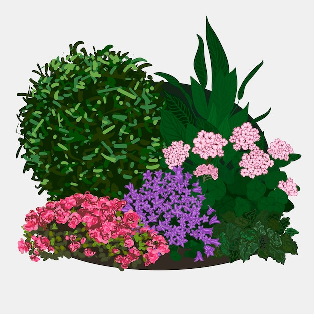 Plik wektorowy ogrodowe krajobrazy lato i wiosna łóżko kwiatowe płaskie ilustracje wektorowe
