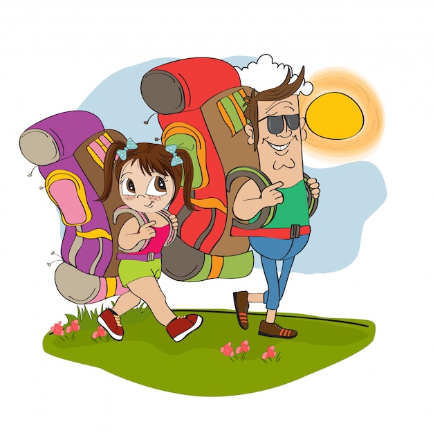 Plik wektorowy ojciec i córka turystycznych podróży z plecakami