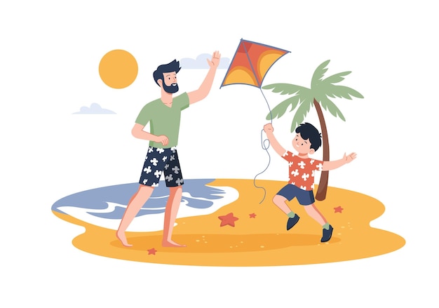 Ojciec i syn bawią się na plaży z latawcem. Syn z radością biega ilustracją wektorową.
