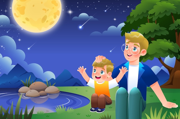 Ojciec i syn patrzą na nocne niebo.