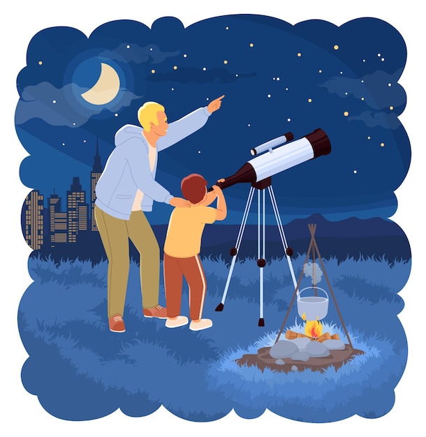 Plik wektorowy ojciec i syn patrzą przez teleskop, spędzają czas razem na świeżym powietrzu, ilustracja wektorowa. ojciec i syn badają galaktykę, wszechświat i ciała niebieskie na gwiezdnym niebie.