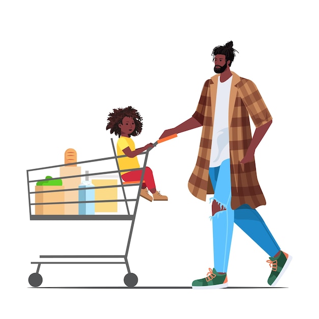 Ojciec Z Córeczką W Koszyku Na Kółkach Kupowanie Artykułów Spożywczych W Supermarkecie Koncepcja Rodzicielstwa Rodzicielstwa Na Zakupy W Supermarkecie