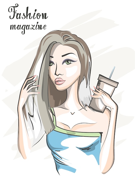 Okładka Magazynu Moda Z Piękną Modelką Z Kawą. Szablon Okładki Magazynu Seksowny. Ilustracja