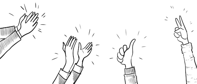 Oklaski ręcznie rysować doodle klaskanie owacja kciuki w górę gest na białym tle ilustracji wektorowych