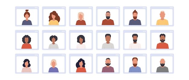 Okno aplikacji z czatem. Ludzie na konferencji online. Okno aplikacji z konferencją. Pojedynczo na białym tle. Ilustracja wektorowa.