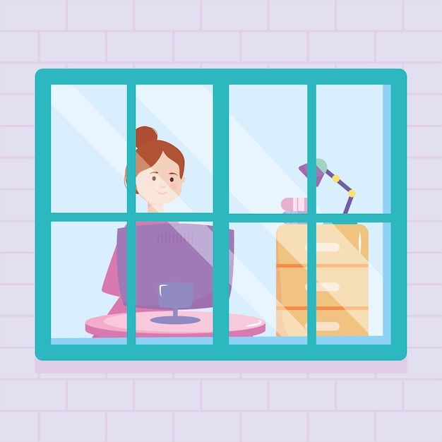 Plik wektorowy okno domu przedstawiające kobietę z komputerem