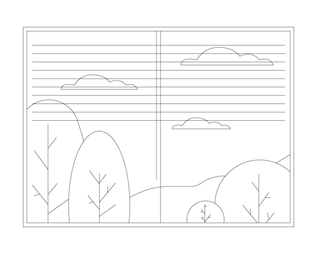 Plik wektorowy okno jesienne płaskie monochromatyczne odizolowany obiekt wektorowy drzewa wrześniowe widok krajobrazu październikowy edytowalny rysunek sztuki linii czarno-białej prosty zarys ilustracji punktowej do projektowania graficznego stron internetowych