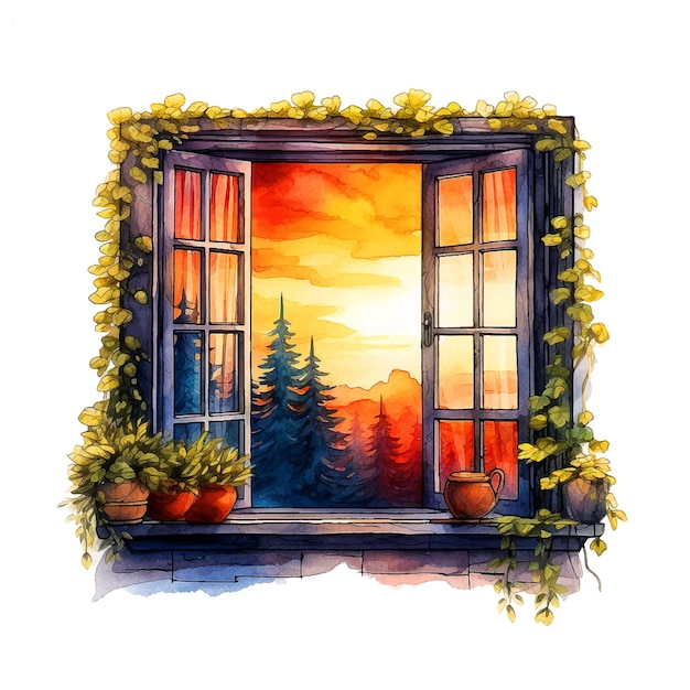 Plik wektorowy okno w stylu vintage z akwarelem na zachód słońca