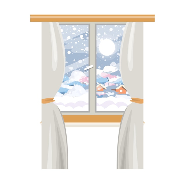 Okno Z Zasłonami Zimowy Krajobraz Za Oknem Przytulny Dom Ilustracja Wektora Płaskiego