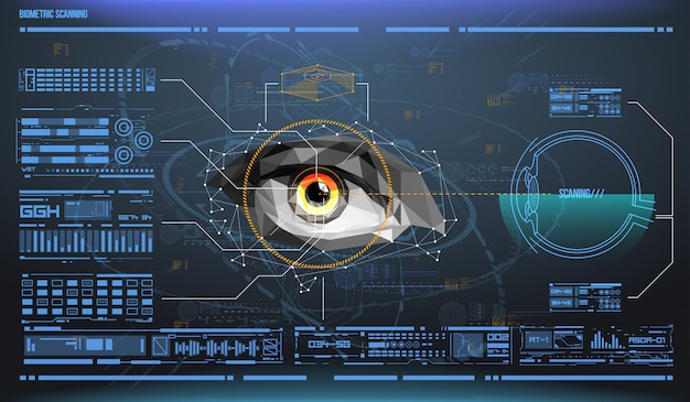 Oko w trakcie skanowania. Skanowanie biometryczne z futurystycznym interfejsem HUD. Kontrola i bezpieczeństwo w dostępach. System nadzoru, technologia immersyjna