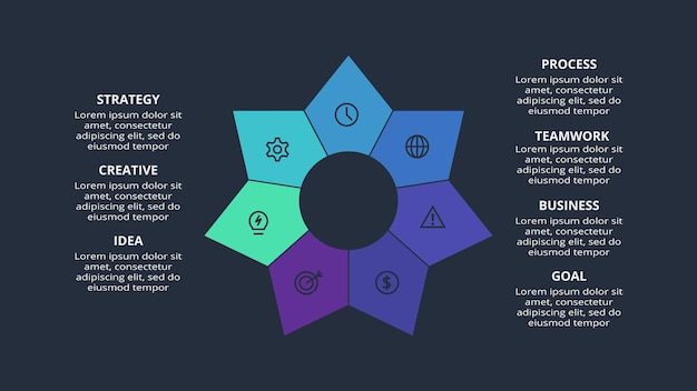 Plik wektorowy okrąg ciemny infografika z 7 elementami szablonu dla sieci web na czarnym tle prezentacji biznesowych vector