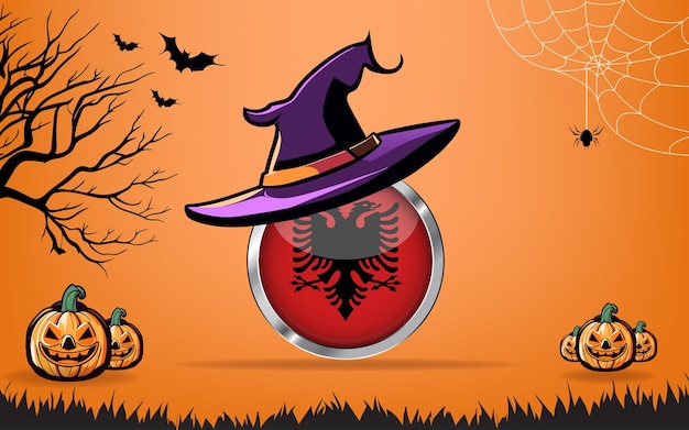 Okrągła Flaga Albanii Z Banerem Wesołego Halloween Lub Tłem Zaproszenia Na Imprezę Nietoperze Pająki I Dynie Pomarańczowe Tło
