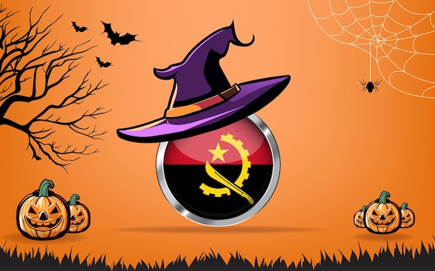 okrągła flaga Angoli z banerem Wesołego Halloween lub tłem zaproszenia na imprezę nietoperze pająki i dynie pomarańczowe tło