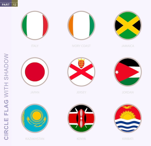 Okrągła Flaga Z Cieniem, Kolekcja Dziewięciu Okrągłych Flag. Flagi Wektorowe 9 Krajów: Włochy, Wybrzeże Kości Słoniowej, Jamajka, Japonia, Jersey, Jordania, Kazachstan, Kenia, Kiribati