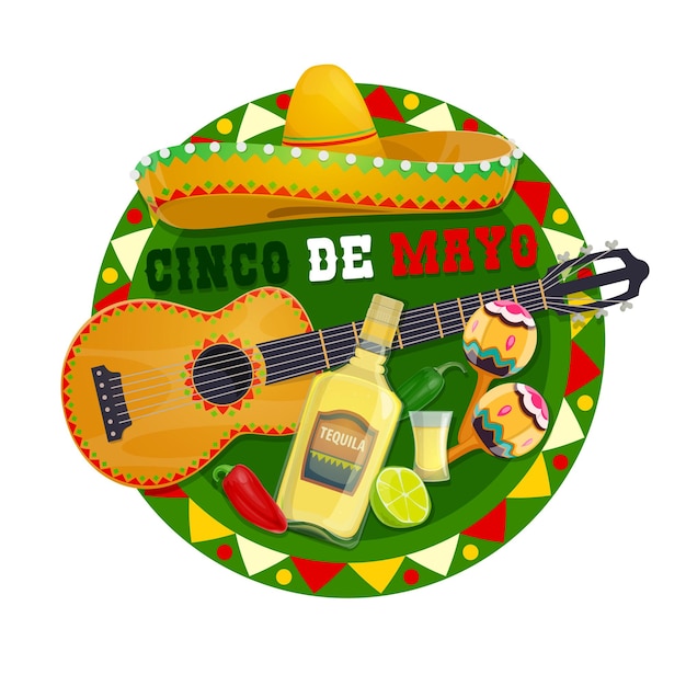 Okrągła Ikona Cinco De Mayo Z Tradycyjnymi Meksykańskimi Symbolami Kapelusz Sombrero