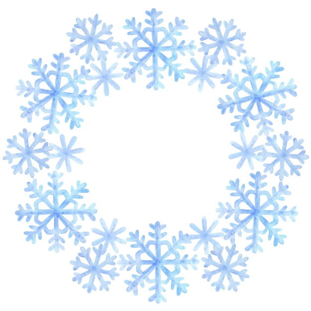 Plik wektorowy okrągła rama wykonana z płatków śniegu. zimowy wieniec śnieżny z niebieskimi akwarelowymi rysunkami. świąteczny projekt