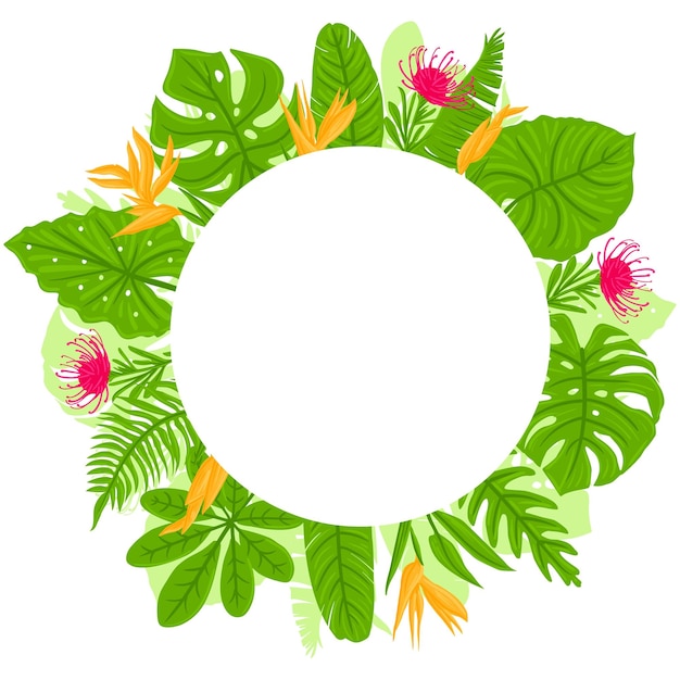 Okrągła rama z tropikalnych liści palmy rośliny kwiaty monstera Vector illustraton